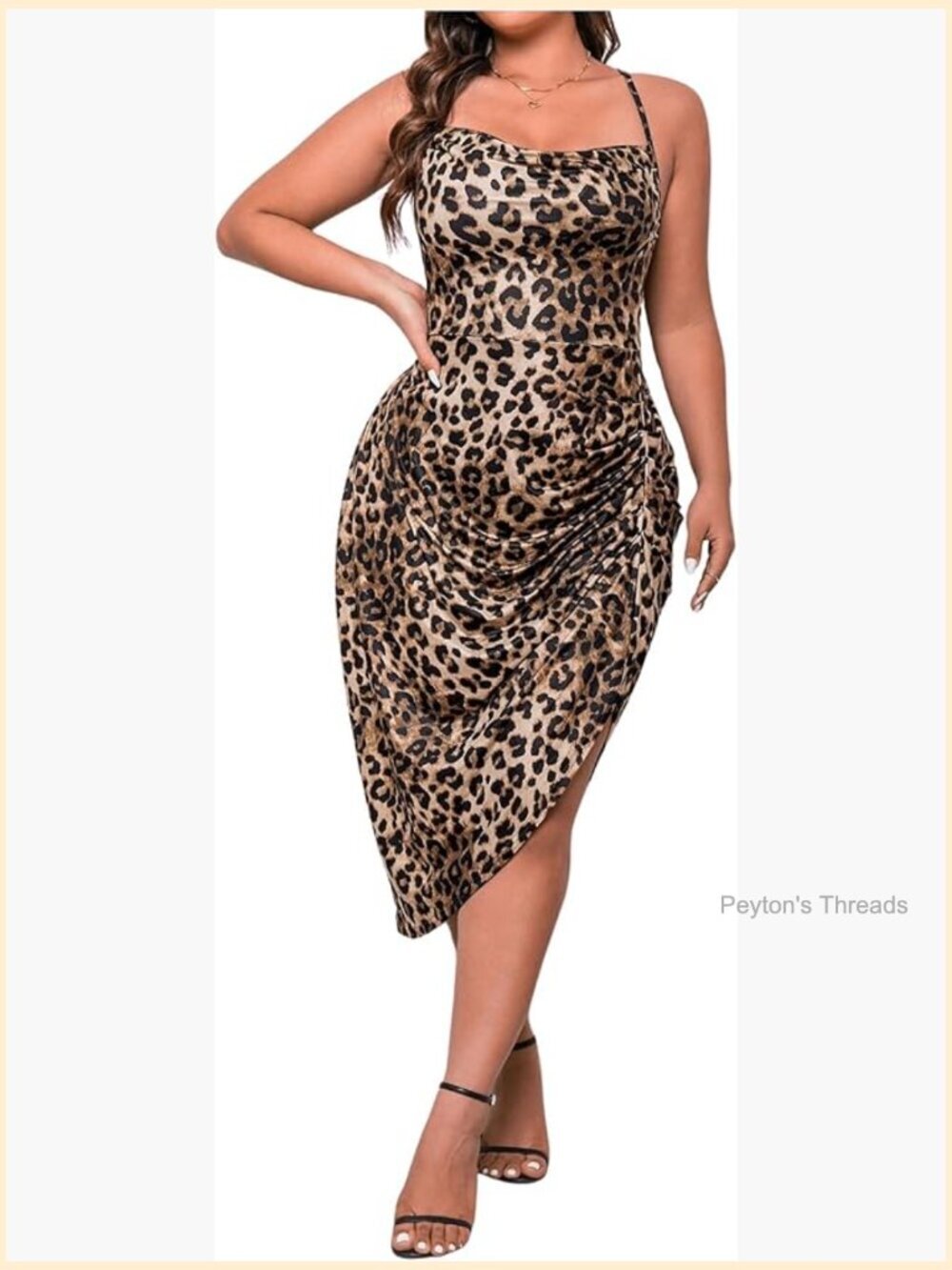 Plus Size Cheetah Criss Cross Cami Dress Asymmetrical Hem Ruched Midi Bodycon